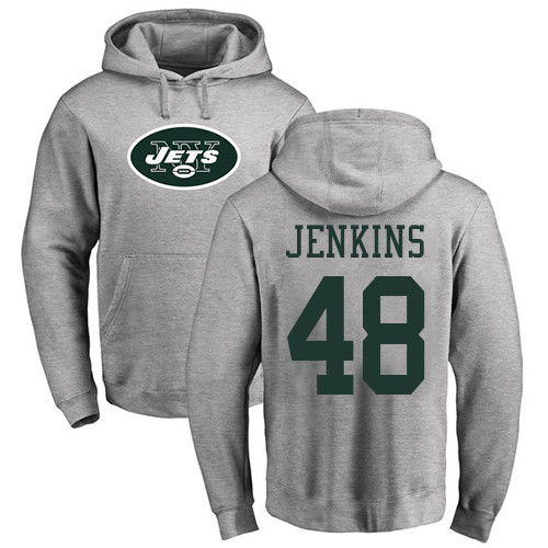 New York Jets Men Ash Jordan Jenkins Name and Number Logo NFL Football #48 Pullover Hoodie Sweatshirts->new york jets->NFL Jersey